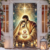 IVN Christmas Door Cover Decoration 71 x 35 in Holiday Banner Glowing Nativity Scene with Radiant Infant and Holy Family Photo Backdrop Indoor Outdoor for Front Door Party Decorations