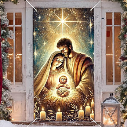 IVN Christmas Door Cover Decoration 71 x 35 in Holiday Banner Glowing Nativity Scene with Radiant Infant and Holy Family Photo Backdrop Indoor Outdoor for Front Door Party Decorations