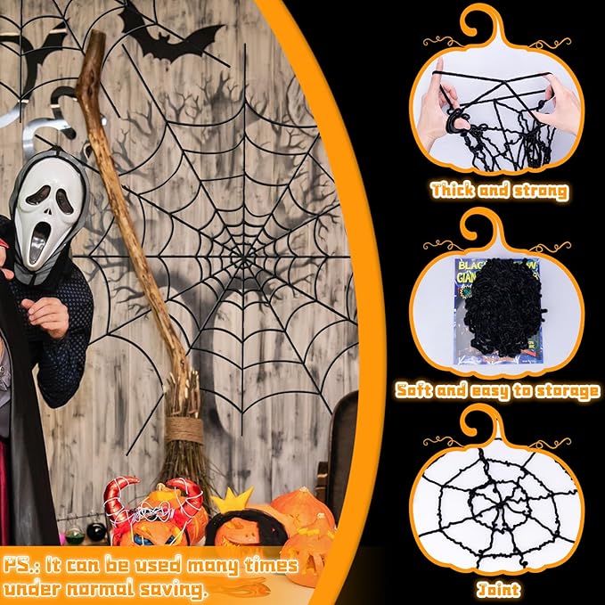 YUNAI Spider Webs Halloween Decorations Outdoor, 10.5ft Black Fake Spider Web, Scary Haunted House Outdoor Wall Decor for Halloween Party Hanging Decorations