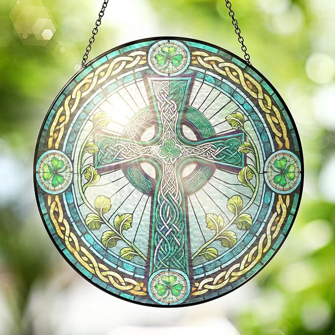 FLAGWIX St Patricks Day Decorations - Stained Glass Hanging Suncatcher 8 in - Birthday Irish Decorations, Irish Gifts for Women Men, Celtic Cross Home Decor