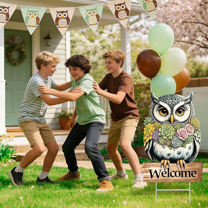 Spring Yard Decorations Welcome Owl Yard Sign with Stakes, Farmhouse Front Porch Garden Outdoor Decor Rustic Animal Yard Sign for Seasonal Home Patio Decor