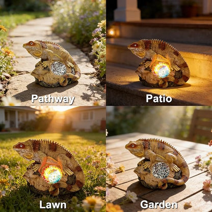 Solar Chameleon Garden Statues Decor for Outdoor, Khaki Chameleon Figurine Lights for Lawn Patio Yard Decoration - Unique Christmas Housewarming Gifts for Grandma Wowen Mom
