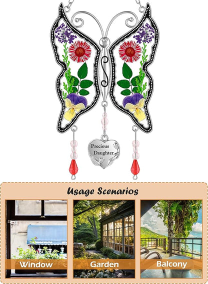 KY&BOSAM Butterfly Suncatcher Precious Daughter Stained Glass Sun Catchers Hangings for Windows Wind Chime Ornament with Real Flower Wings and Metal Charm Birthday Gifts for Mother`s Day Valentine's