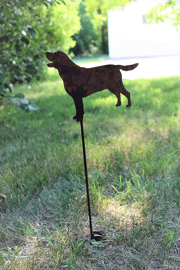 Pets and Farm Animals Metal Garden Landscape Stake (9" Wide Labrador Dog on Stake, Naturally Rusted)