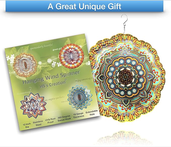 HS's Creation Hanging Wind Spinner 19 Guage 3D Metal 12 Inch for Garden Patio Outdoor Indoor Lawn Decoration Ornaments Gifts with Swivel Hooks Gift Weather Resistant Lucky Flower Gold Wind Spinners