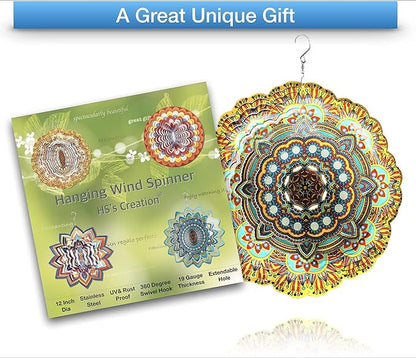 HS's Creation Hanging Wind Spinner 19 Guage 3D Metal 12 Inch for Garden Patio Outdoor Indoor Lawn Decoration Ornaments Gifts with Swivel Hooks Gift Weather Resistant Lucky Flower Gold Wind Spinners