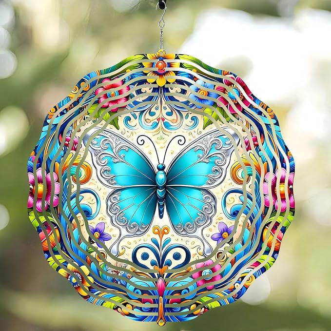 10 Inch Butterfly Wind Spinner, 3D Metal Hanging Kinetic Wind Rustproof Sculpture Gift for Garden Yard Lawn Balcony Window Porch Outdoor Decor, Women Mom Mothers Day
