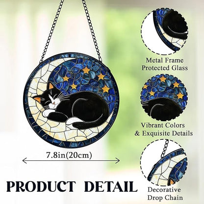 Black Cat Moon Stained Glass Window Hanging, Celestial Black Cat Sun Catchers Indoor Window Round Glass Wall Art Decor, Moon and Stars Suncatcher Wall Hanging Decorations, Lawn Care