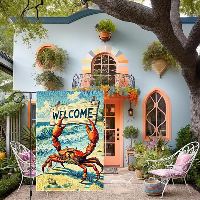 Welcome Crab Garden Flag Spring Summer Grden Flags Vertical Double Sided Small Burlap beach Patio Lawn Holiday Yard Outdoor Decorations 12x18 Inch