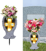 Grave Decorations for Cemetery， Heaven Angel Wing Cross, Graveyard Decorations, Vase with Solar LED Lamp, Resin Decorated Bereavement Statue, Gift in Memory of Relatives (White)
