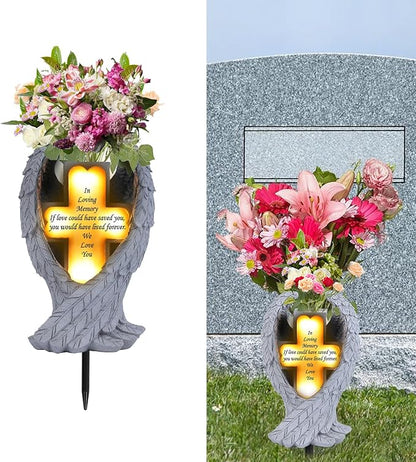 Grave Decorations for Cemetery， Heaven Angel Wing Cross, Graveyard Decorations, Vase with Solar LED Lamp, Resin Decorated Bereavement Statue, Gift in Memory of Relatives (White)