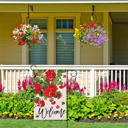 Welcome Spring Geranium Decorative Garden Flag, Red Floral Flowers Bee Yard Outside Decorations, Summer Farmhouse Outdoor Small Home Decor Double Sided 12 x 18