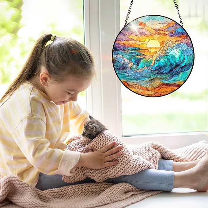 7.8 Inch Stained Glass Window Hanging Sunrise Clouds Sea Waves Sandbeach Sun Catcher Indoor Window Door Wall Yard Home Decor Scenery Colorful Glass Panel Suncatcher Gifts for Women Men Mom Grandma