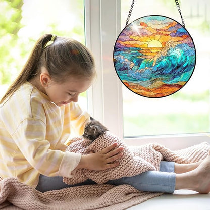 7.8 Inch Stained Glass Window Hanging Sunrise Clouds Sea Waves Sandbeach Sun Catcher Indoor Window Door Wall Yard Home Decor Scenery Colorful Glass Panel Suncatcher Gifts for Women Men Mom Grandma