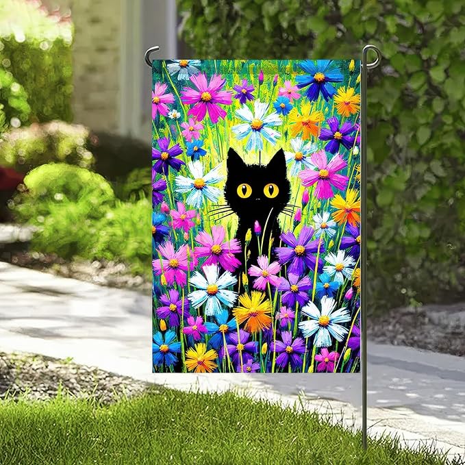 BlissYard Welcome Spring Summer Garden Flag Spring Black Cat Garden Flag 12x18 Double Sided Kitty Yard Lawn Daisy Pansy Flower Floral Outside Decoration Seasonal Farmhouse Outdoor Small Porch Decor
