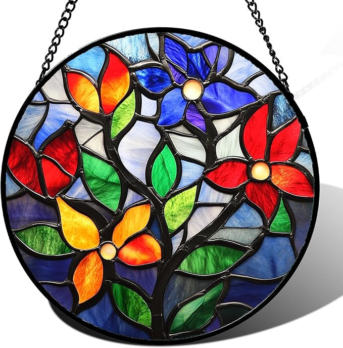 Stained Glass Window Hanging Colorful Flowers and Leaves 7.8" - Suncatcher Door Garden Sun Catcher Home Decor Birthday Christmas Mother's Day for Mom Men Woman Nana Friend