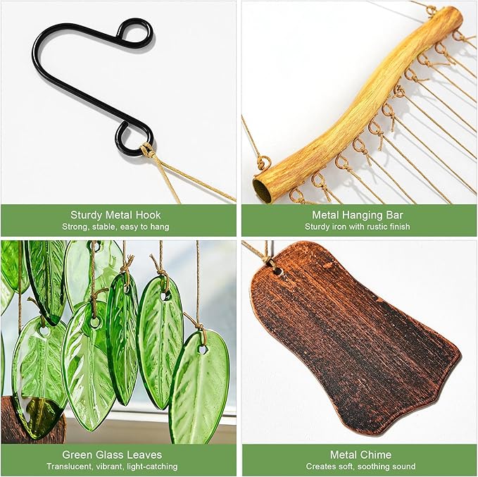 YU FENG Natural Green Leaf Glass Wind Chime, Handcrafted with Iron Wood-Look Hanging Bar, Metal Chime, Hanging Decor for Patio, Window & Garden