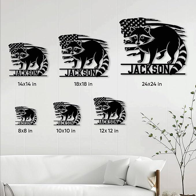 Personalized Raccoon Metal Sign, Raccoon USA Flag Hanging Sign Outdoor Porch Welcome, Custom Name - Wall Fence Yard Patio Home Office Decor Gift Birthday