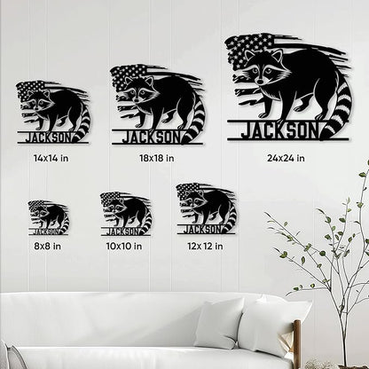 Personalized Raccoon Metal Sign, Raccoon USA Flag Hanging Sign Outdoor Porch Welcome, Custom Name - Wall Fence Yard Patio Home Office Decor Gift Birthday