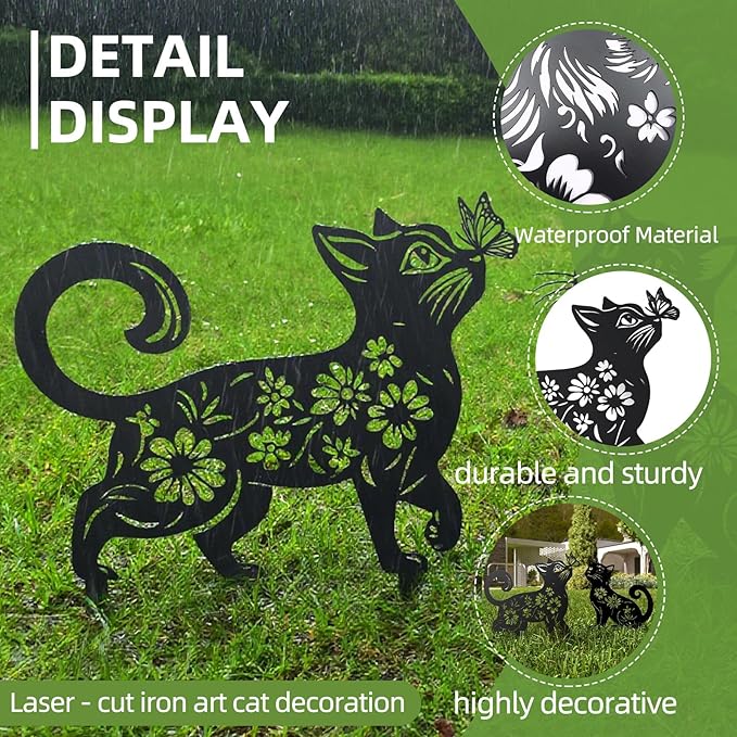 Metal Cat Garden Decor for Outside (2 Pack), 14 Inch Yard Art Stakes,Unique Cat Gifts for Kitty Lovers, Outdoor Lawn Statues and Weather Resistant Yard Art