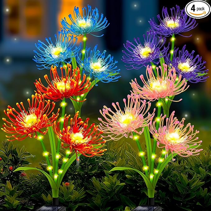 Solar Garden Flower Lights Outdoor,4 Pack 4 Colors Spider Lily Waterproof with Glowing Stems,Elegant Yard & Patio Decor,Ideal Mother's Day & Gardening Ornament or Gifts for Women,Mothers &Grandma