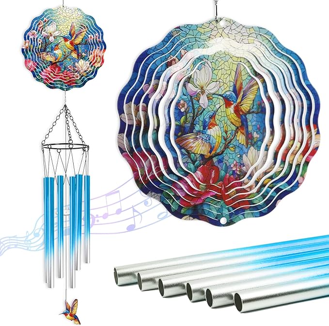 Hummingbird Wind Chimes for Outside - Hummingbird Wind Chimes with 3D Wind Spinners for Bird Lover, Hanging Art Ornament with Card for Indoors Room Home Wall Garden Patio Yard Porch Backyard
