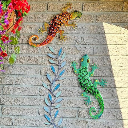 Pipilily 2 Pack Metal Gecko Wall Art, Metal Lizard Indoor Outdoor Hanging Sculpture Decor for Garden Yard Living Room Bedroom Patio Balcony (Style 3)