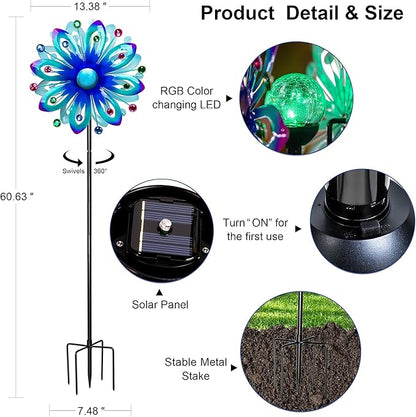 Solar Wind Spinner Outdoor Metal Garden Decor – 60.63'' Kinetic Flower Sculpture with Color-Changing LED Crackle Glass Ball & Gemstone, Waterproof Wind Catchers for Patio, Yard, Lawn Art Decoration