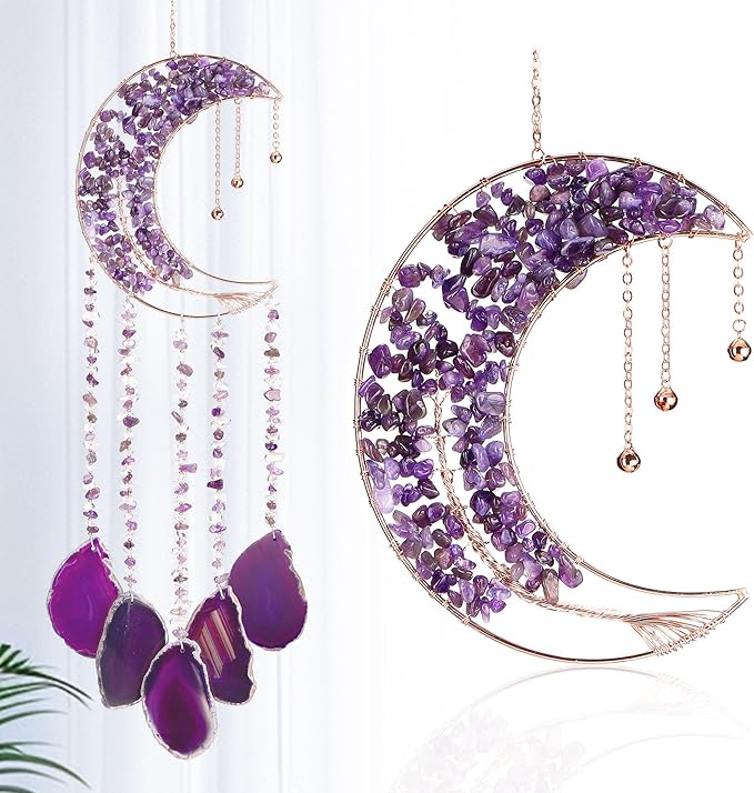 Yoption Amethyst Moon Tree of Life Agate Slice Wind Chime, Handmade Healing Crystal Stone Wind Chime for Home Wall Garden Decorative Ornament, Unique Gift