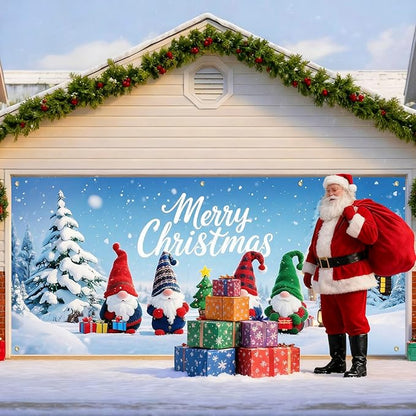 IVN Christmas Garage Door Cover Decoration 13x6ft Gnomes with Snowy Cottage and Pine Trees Merry Christmas Garage Door Banner Home Door Front Yard Decor for Xmas Eve Holiday Outdoor