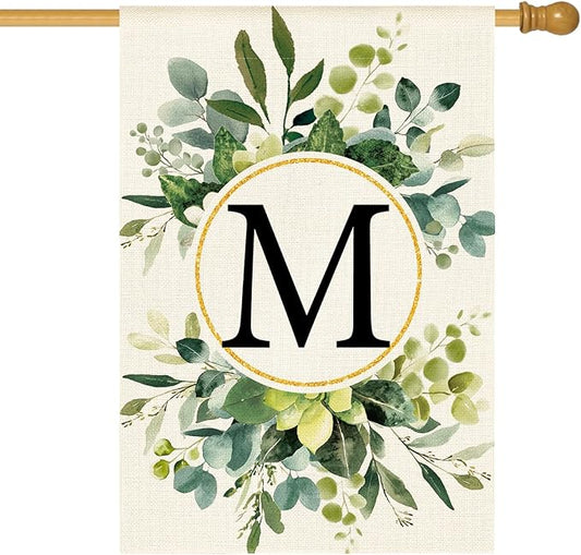 AVOIN colorlife Monogram Letter M Floral House Flag 28x40 Inch Double Sided Outside, Family Last Name Initial Yard Outdoor Decoration