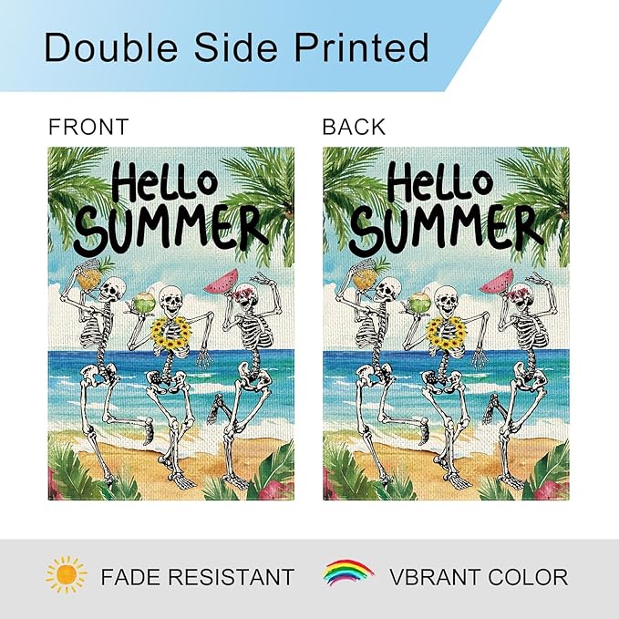 DLZDN Hello Summer Skeleton Garden Flag Funny Skull Garden Flag 12×18 Inch Double Sided Vertical Burlap Summer Coastal Seasonal Hawaii Tropical Ocean Yard Flag Outdoor Decoration