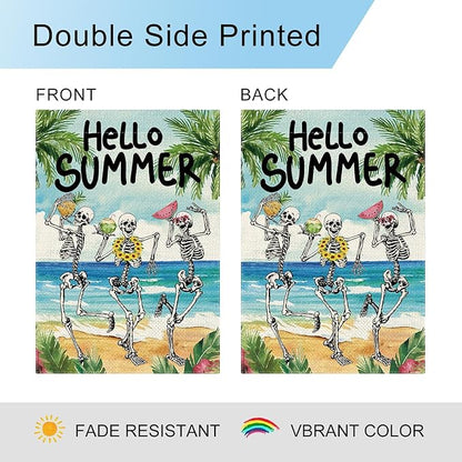 DLZDN Hello Summer Skeleton Garden Flag Funny Skull Garden Flag 12×18 Inch Double Sided Vertical Burlap Summer Coastal Seasonal Hawaii Tropical Ocean Yard Flag Outdoor Decoration