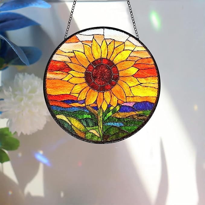 Bimkole Sunflower Stained Glass Suncatcher Window Hanging - Sunset Design for Indoor Window or Doorway Decoration - 7.87x7.87 inch with Chain and Hook - Unique Home Decor Gift