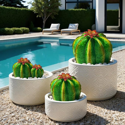 KODIBO Metal Cactus Yard Art, 4-Pack Desert Steel Garden Decor, Artificial Barrel Cactus with Flower Tops, Weather-Resistant Garden Sculptures & Statues, Outdoor Decorations for Patio Lawn Porch