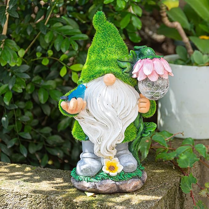 Garden Gnome Statue - Funny Gnome Decoration Hold Flower with Solar Crackle Glass Globe Lights, Resin Gnomes Figurine Ornament for Patio Yard Lawn Porch Outdoor Decor