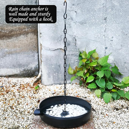 Rain Chain Anchoring Basin, Metal Bowl for Rain Chain Downspout Gutters, Black Rain Chain Basin of Chain Display for Outdoor Garden, Lawn and Patio Water Feature, 10.23 inch Diameter, 2 Inches High