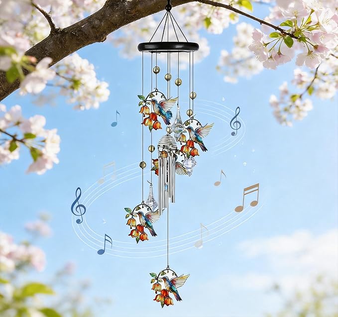 HDCRYSTALGIFTS Hummingbird Wind Chimes for Outside, 27'' Memorial Windchimes Outdoors, Hummingbirds Gifts for Women, Metal Chimes Window Garden/Yard Decor, Memorial/Birthday Gifts for Grandma/Mom
