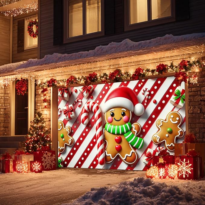 HOMETITUTE Christmas Garage Door Banner 13x6ft Gingerbread Man Candy Cane Theme Backdrop Banners for Outside Inside Winter Door Cover Garage Wall Covering for Party Garage Decorations