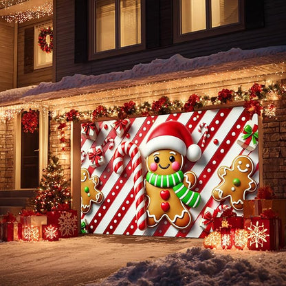 HOMETITUTE Christmas Garage Door Banner 13x6ft Gingerbread Man Candy Cane Theme Backdrop Banners for Outside Inside Winter Door Cover Garage Wall Covering for Party Garage Decorations