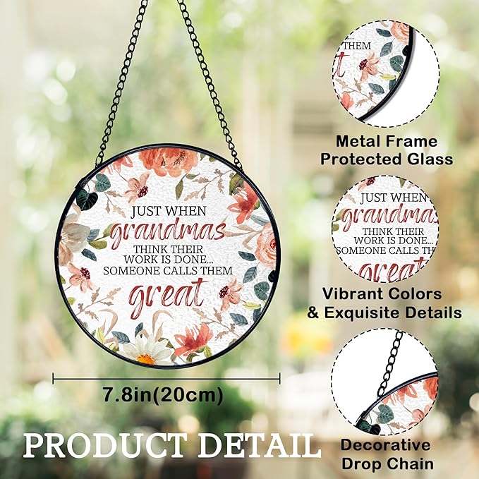 Great Grandma Flower Suncatchers Stained Glass Window Hanging, Great Grandma Gifts Sun Catchers Indoor Window Glass Round Wall Decor, 7.9x7.9in