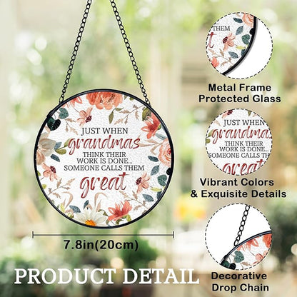 Great Grandma Flower Suncatchers Stained Glass Window Hanging, Great Grandma Gifts Sun Catchers Indoor Window Glass Round Wall Decor, 7.9x7.9in