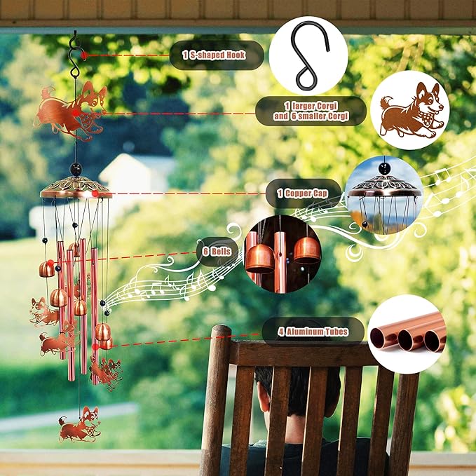 Corgi Wind Chimes for Outside Windchimes Outdoor/Indoor, Home, Lawn, Porch, Yard Decorations,Metal Garden Decor Corgi Wind Chimes Gifts for Women/Men Birthday Gifts Memorial Gift