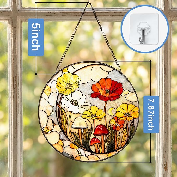 Stained Glass Sun Catcher Window Hanging - Mushroom Flower Plant Design, Well Made Indoor Home Decor for Mother's Day, Birthday, Christmas - Ideal for Women, Mom (Yellow) 7.8in