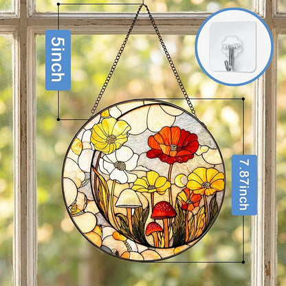 Stained Glass Sun Catcher Window Hanging - Mushroom Flower Plant Design, Well Made Indoor Home Decor for Mother's Day, Birthday, Christmas - Ideal for Women, Mom (Yellow) 7.8in