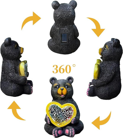 Solar Garden Sculpture: Unique Resin Black Bear Holding a Heart Outdoor Mosaic Solar Light Ideal for Gardens, patios, and courtyards Gift or Decorative piece-Black