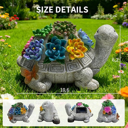Solar Garden Outdoor Statues Turtle with Succulent and 7 LED Lights -Waterproof Animal Lawn Decor Statue for Patio, Balcony, Yard Ornament for Mom Grandma Women