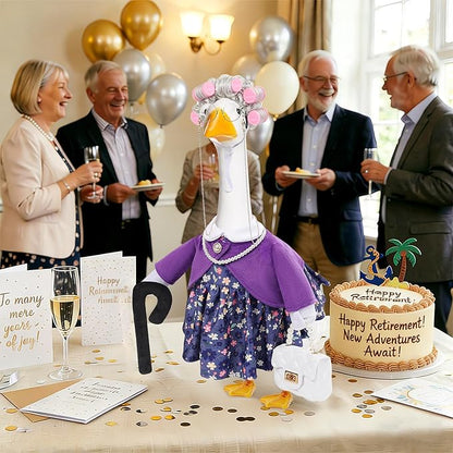 GJL Old Lady Porch Goose Outfits, Spring Summer Grandma Goose Clothes with Wig Glasses Pearl Necklace, Fits 23 Inch Cement Plastic Goose Statue for Outdoor Yard Garden Decor