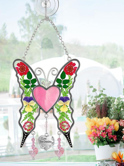KY&BOSAM Heart Butterfly Suncatcher I Love You Grandma Stained Glass Panels Pink Heart for Windows Wind Chimes Metal Engraved Charm Gifts for Grandma Mothers Day Valentine's Birthday Christmas