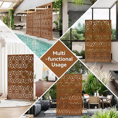 Metal Privacy Screen for Outdoor Freestanding Privacy Screens, 72" H x 44" W Patio Fence Panels with Stand, Portable Brown 3 Panel Screens for Outside Deck Balcony Garden and Indoor
